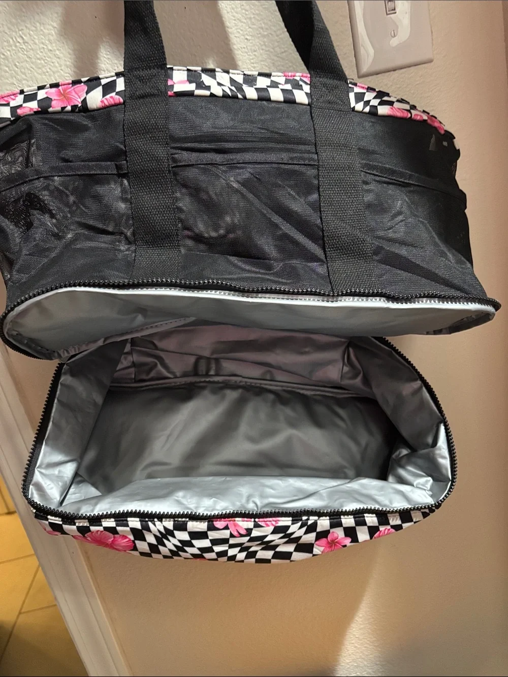 Black Tote Bag with Pink Floral Checker Trim